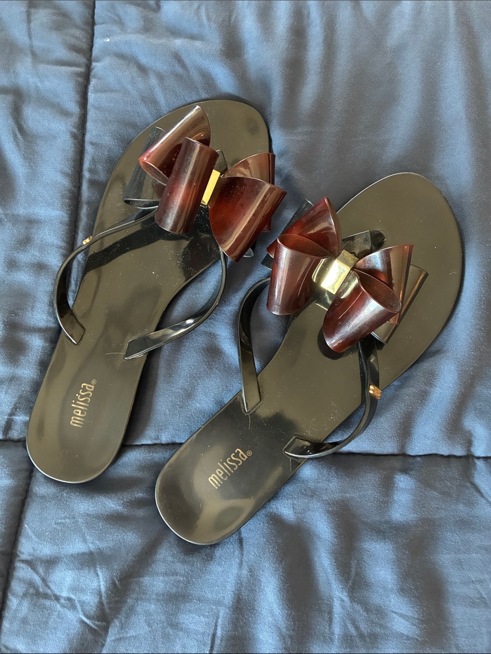Melissa Black Jelly Thong Sandals with Brown Bow Accent
